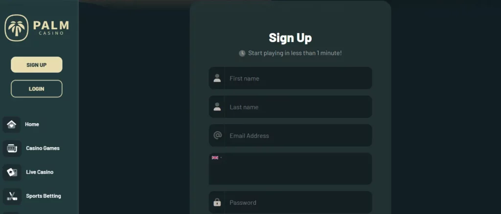 Palm Casino registration form